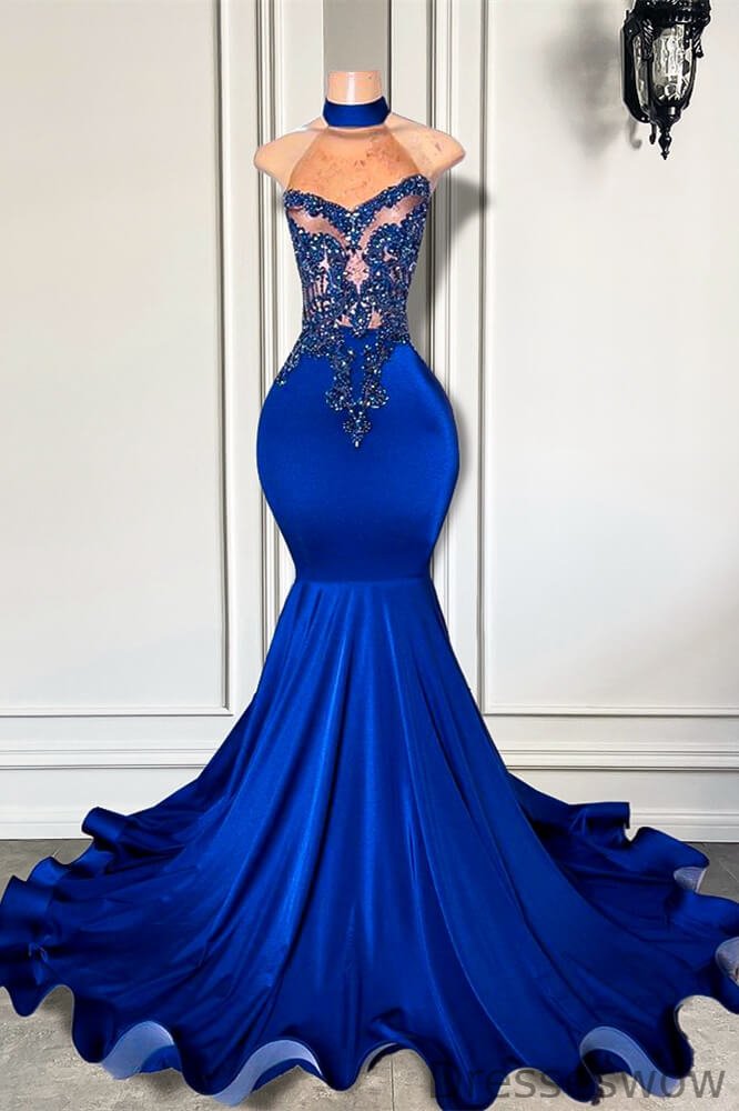 Dresseswow Royal Blue High Neck Sleeveless Mermaid Evening Gowns With Beadings