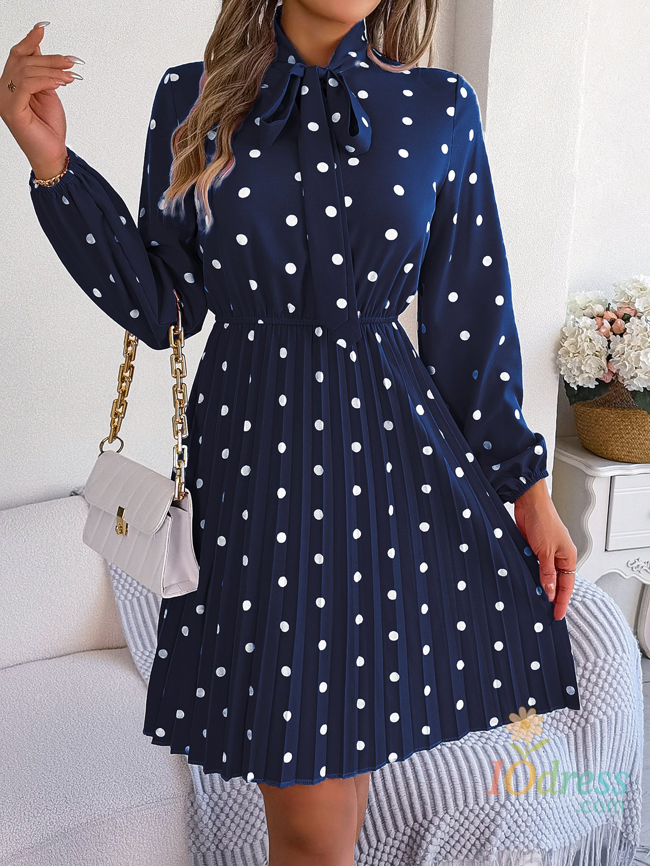 IO Dress Spring Summer Elegant  Lace up Long Dress Polka Dot Long Sleeved Pleated Dresses for Women IO Dress