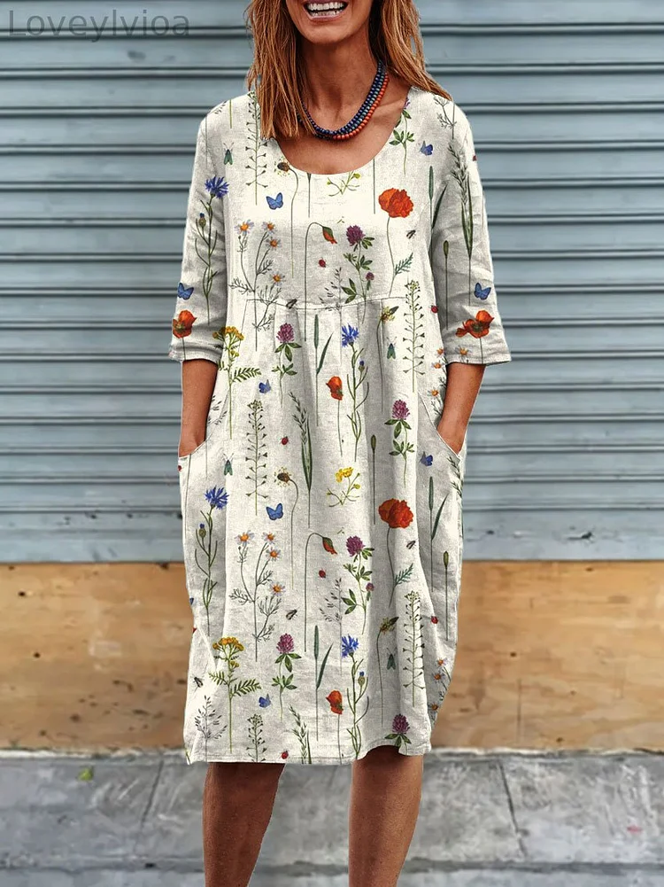 Womens Flower Art Print Linen Pocket Tunic Dress