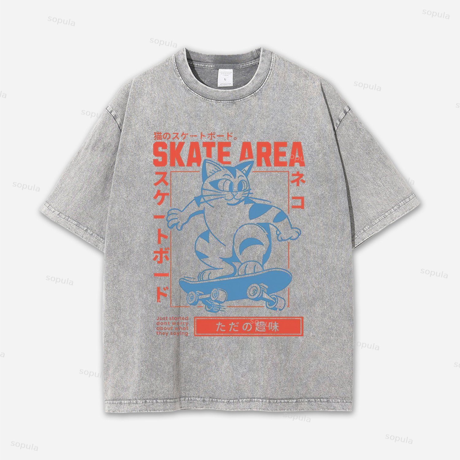 Vintage Japanese Cat Art Graphic Acid Washed T Shirt