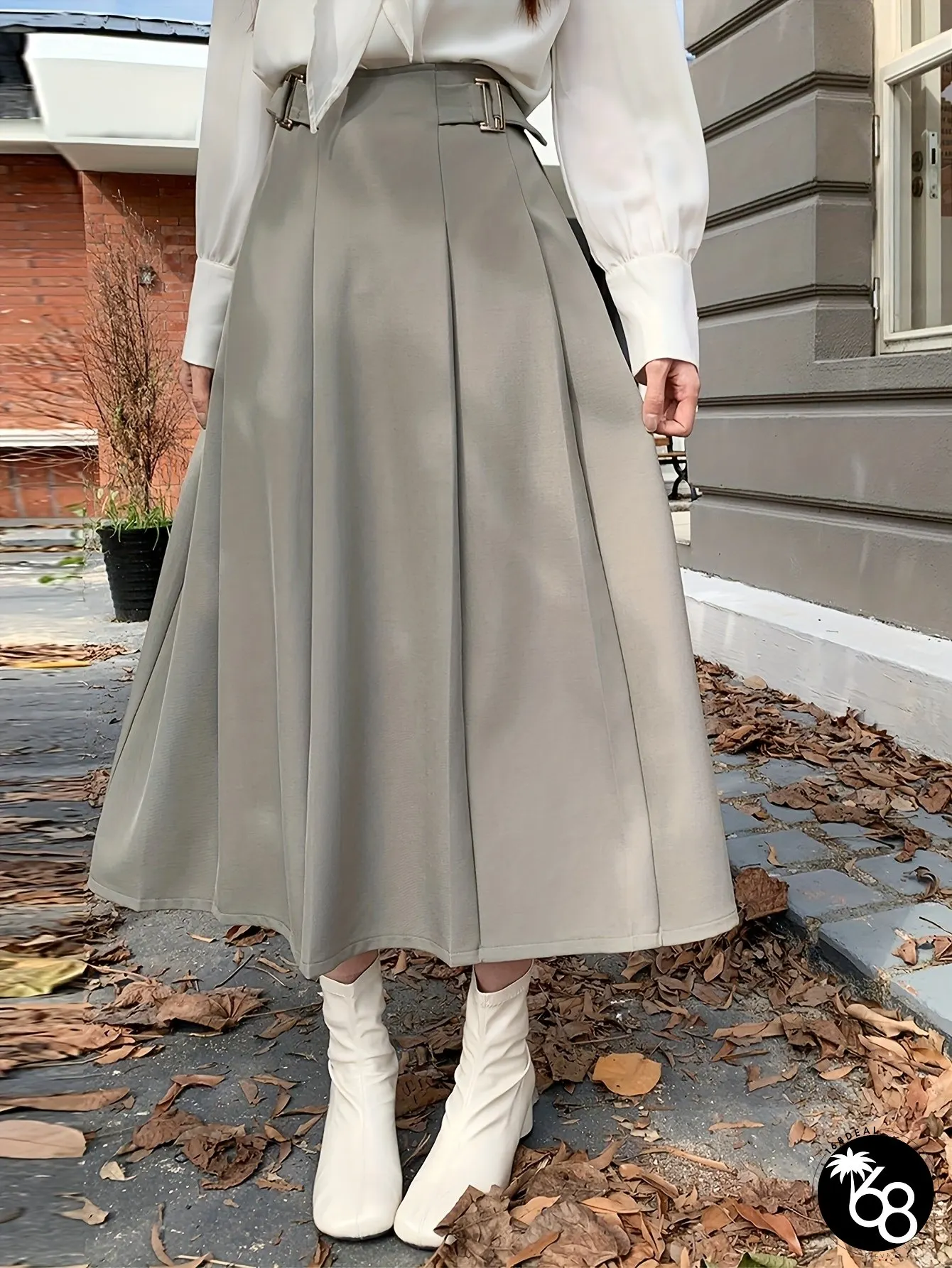 Womens Elegant Metal Buckle A-Line Skirt Long Flared Hem Double Button Detail Solid Color | 168DEAL