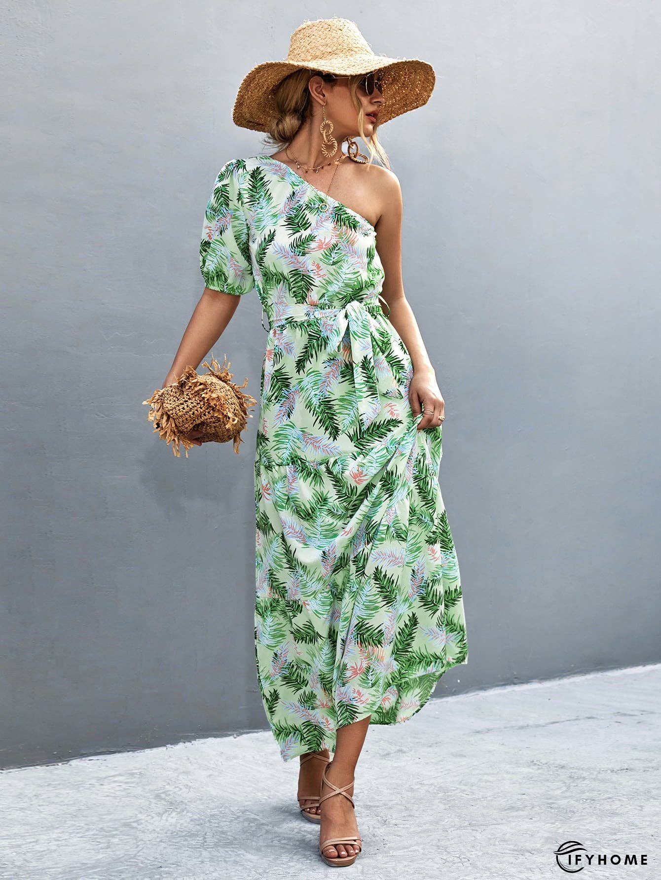 Printed Tie Waist One Shoulder Maxi Dress | IFYHOME