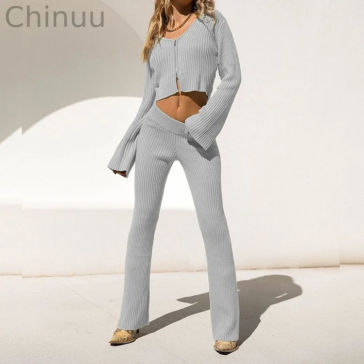 Long Sleeve Cardigan Zipper Casual Set