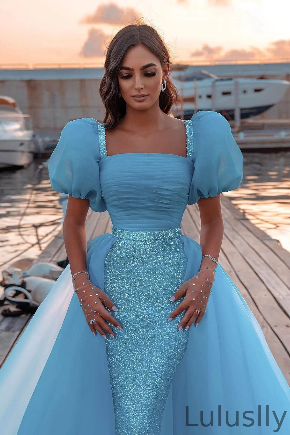 Luluslly Ocean Blue Short Bubble Sleeves Mermaid Evening Dress Sequins Tulle Skirt