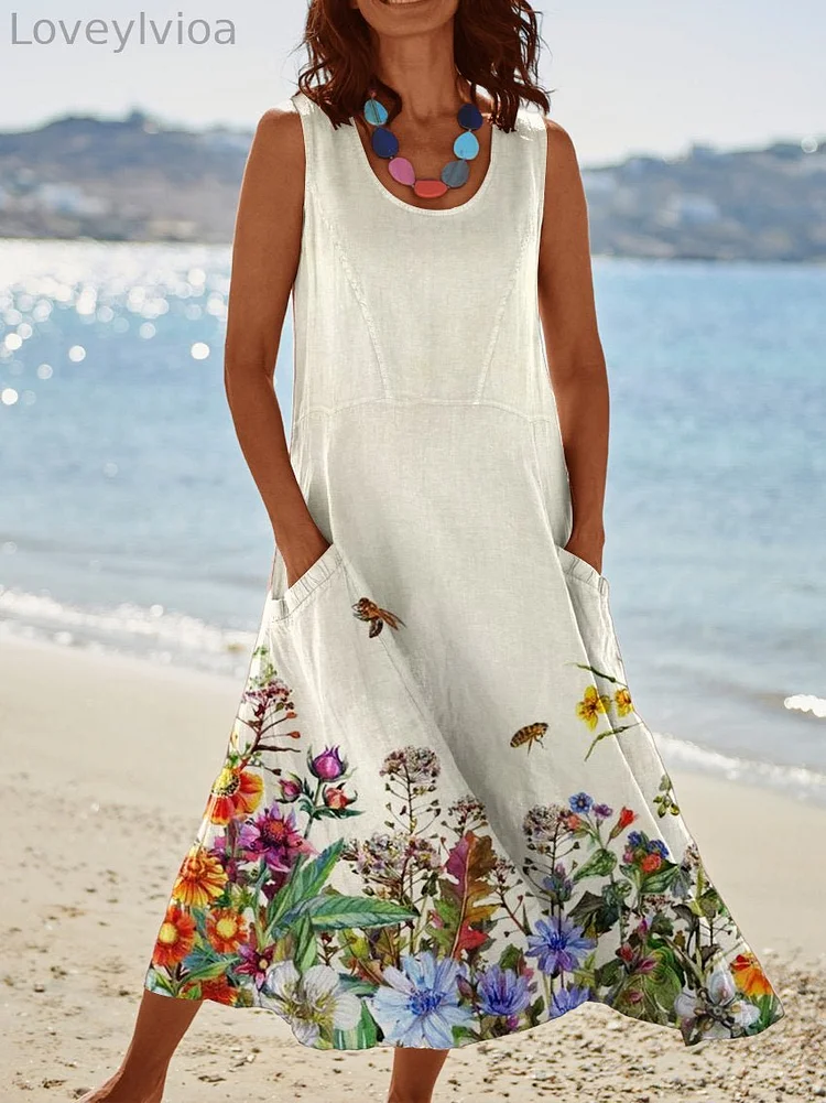 Women‘s Spring Flowers Bee Pattern Pocket Pinafore Linen Dress