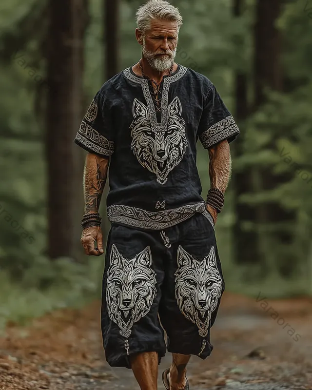 Men's Viking Fashion Color-Blocked Embroidered Linen Short-Sleeved Two-Piece Set 4230