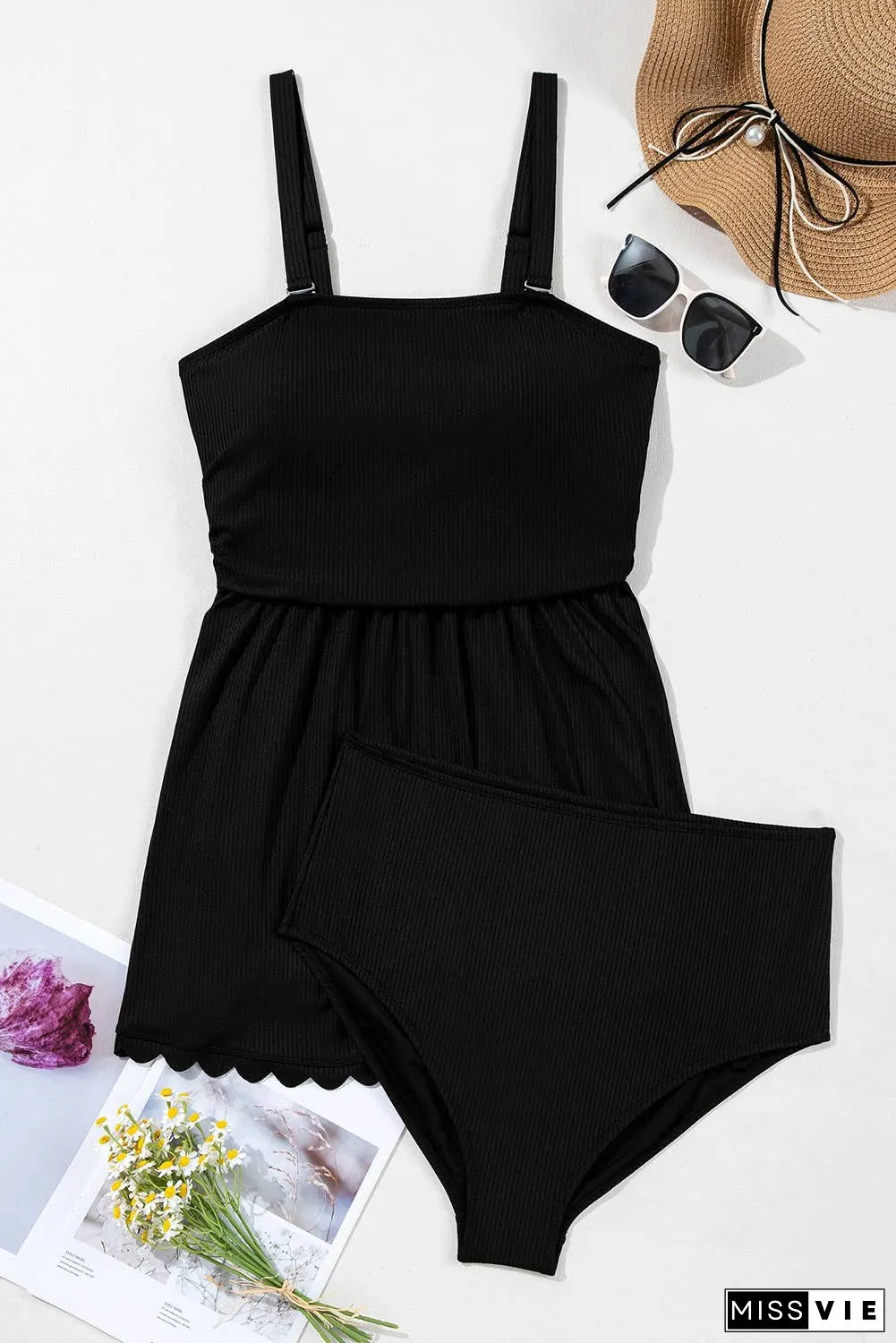 Plus Size Textured Scalloped Trim Swim Dress with Panty