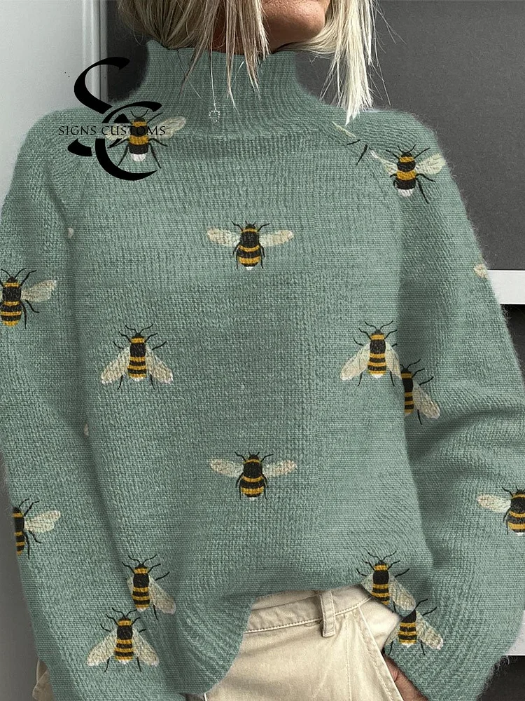 Funny Bee Art Print Knit Turtleneck Pullover Sweater