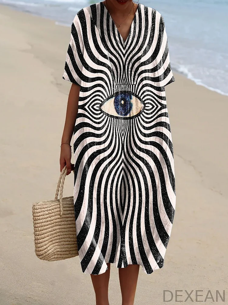 Women's Vintage Abstract Eye Line Art Print Flowy Dress