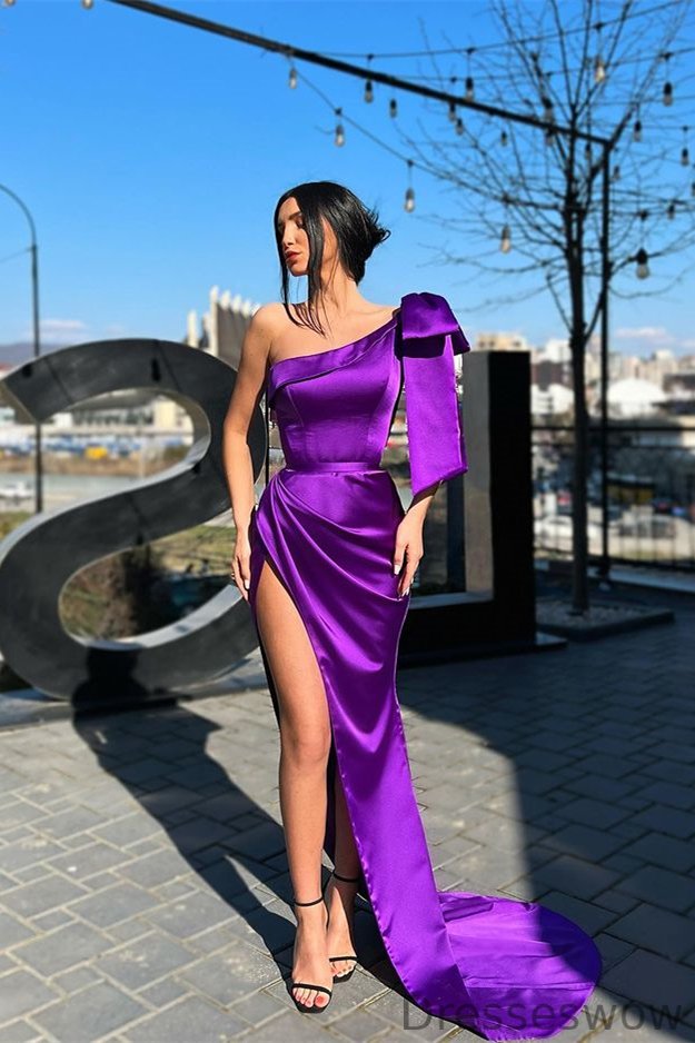 Dresseswow One Shoulder Purple Prom Dress Mermaid Long With Split
