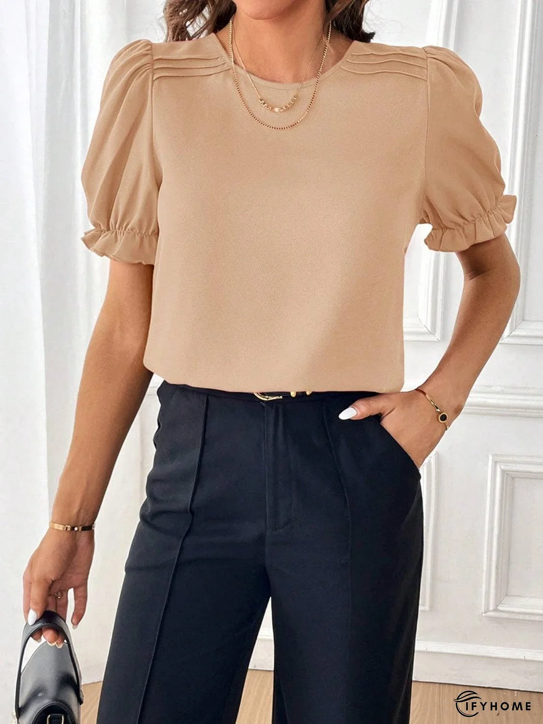 Round Neck Flounce Sleeve Blouse | IFYHOME