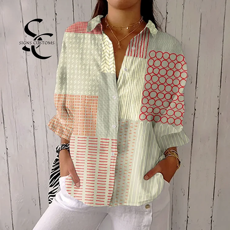 Women's Vintage Abstract Geometric Line Art Print Casual Linen V-neck Shirt