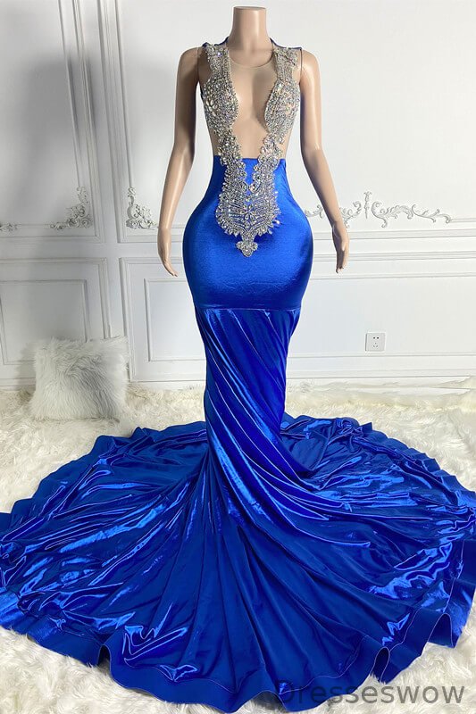 Dresseswow Royal Blue Sleeveless Mermaid Formal Dresses Beadings With Zipper Back