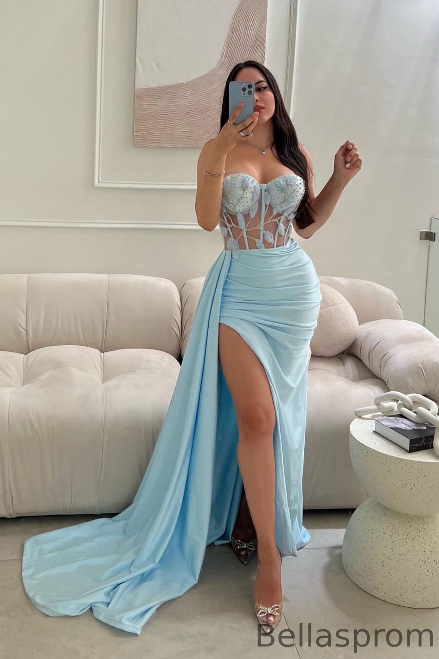 Bellasprom Sky Blue Sweetheart Sleeveless Mermaid Prom Dress Beadings With Split Ruffles Bellasprom