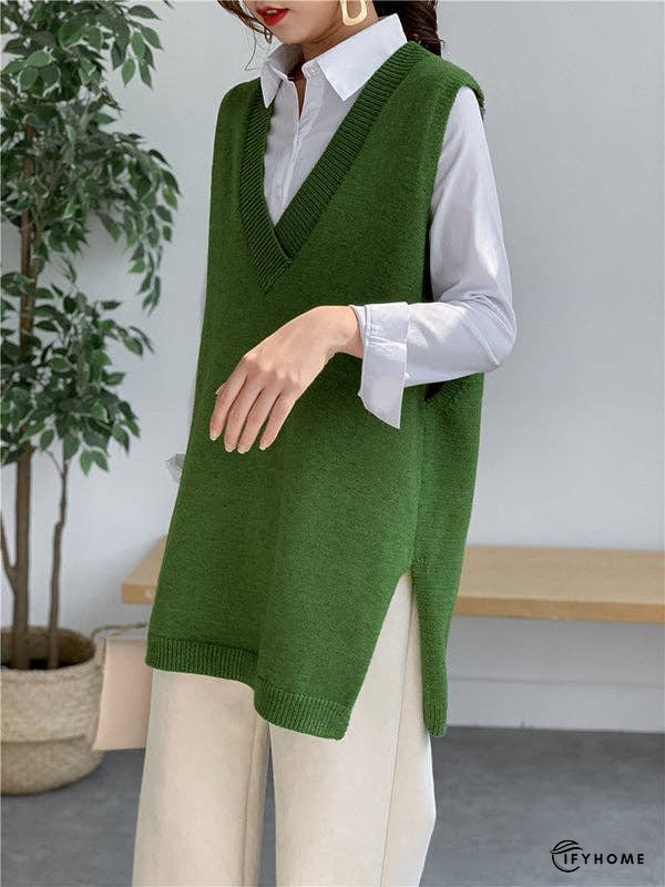 Trendy Sleeveless Split-Side Solid Color V-Neck Knitted Vest | IFYHOME