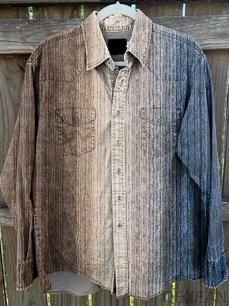 Men's Blue White Brown Gradient Vintage Stripe Print Casual Shirt