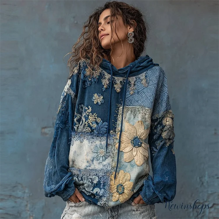 Boho Floral Fiber Art Colorblock Stitched Hoodie
