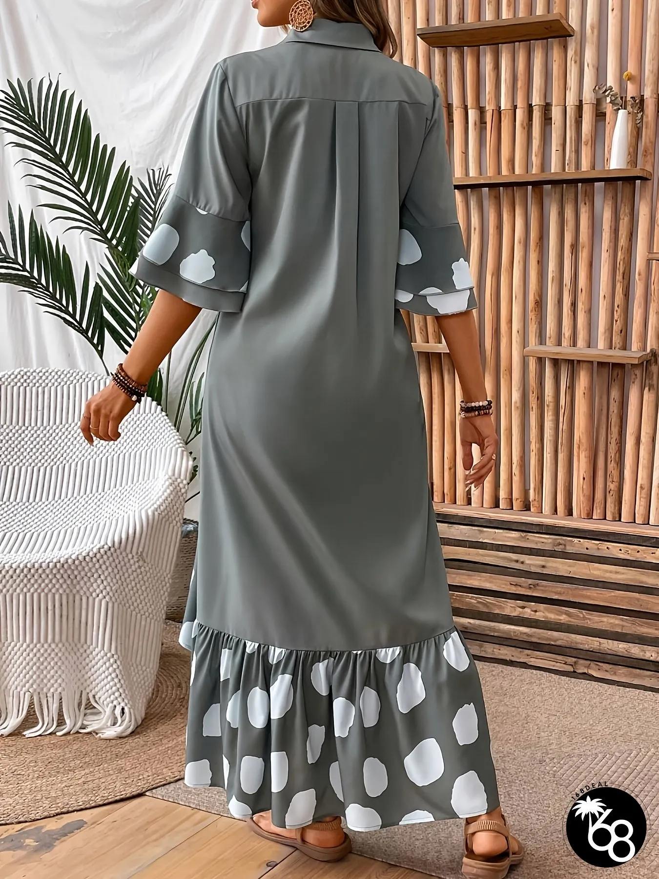 Elegant Polka Dot Womens A-Line Dress-Contrast Collar Tiered Sleeve-All-Season | 168DEAL