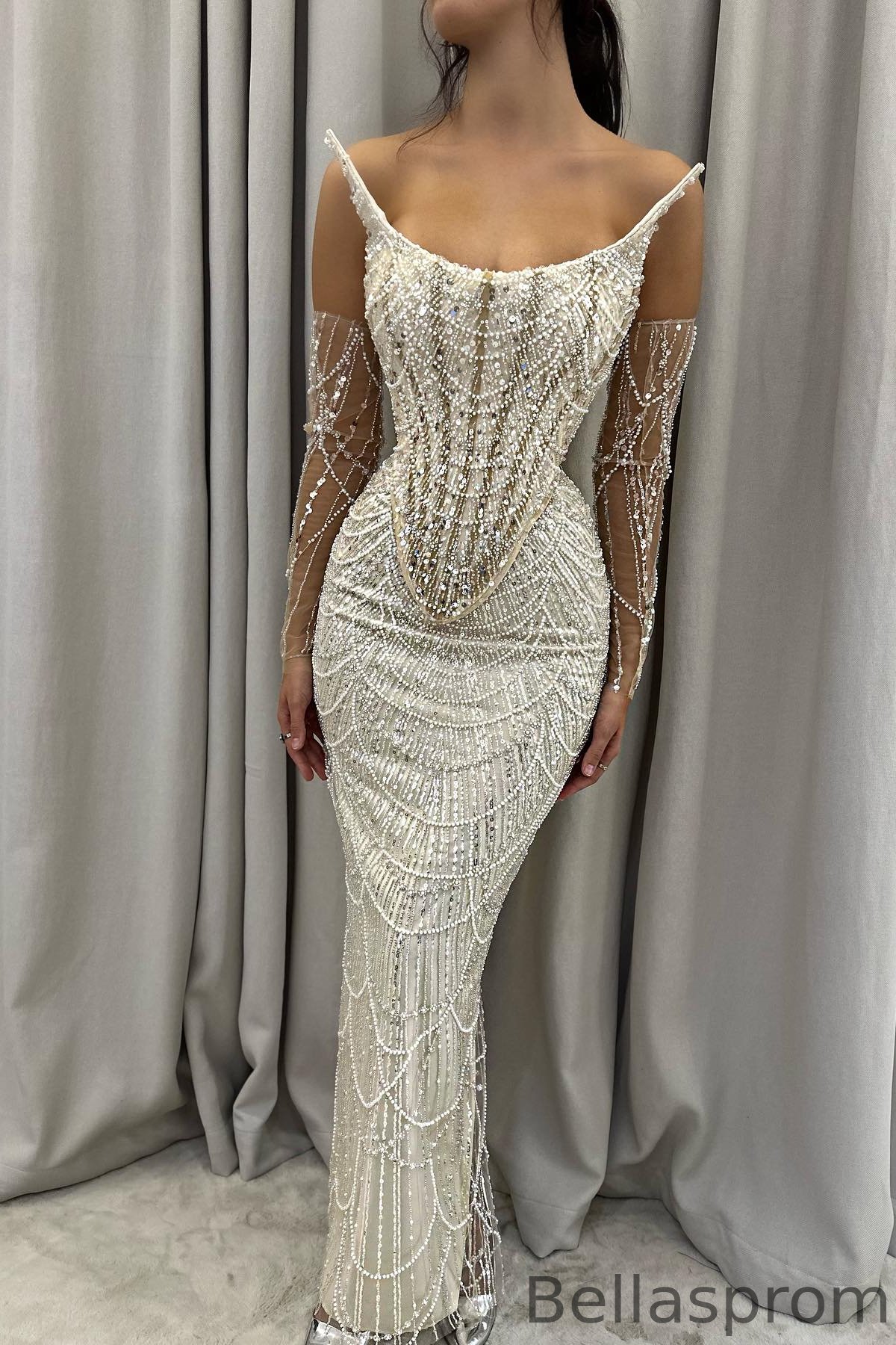 Bellasprom Strapless Mermaid Pearls Evening Dress Long With Sequins Bellasprom