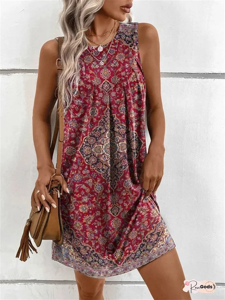 Spring and Summer New U Collar Button Women's Sleeveless Print Geometric Pattern Irregular Fashion Temperament Commuter Dress