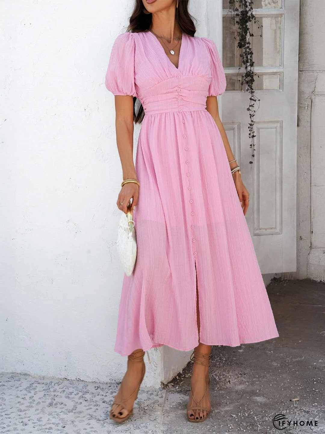 Devine V-Neck Puff Short Sleeve Midi Dress | IFYHOME