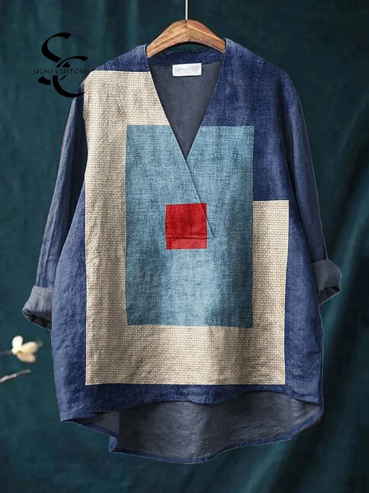 Women's Denim Blue Geometry Print Casual Cotton And Linen V-neck Shirt