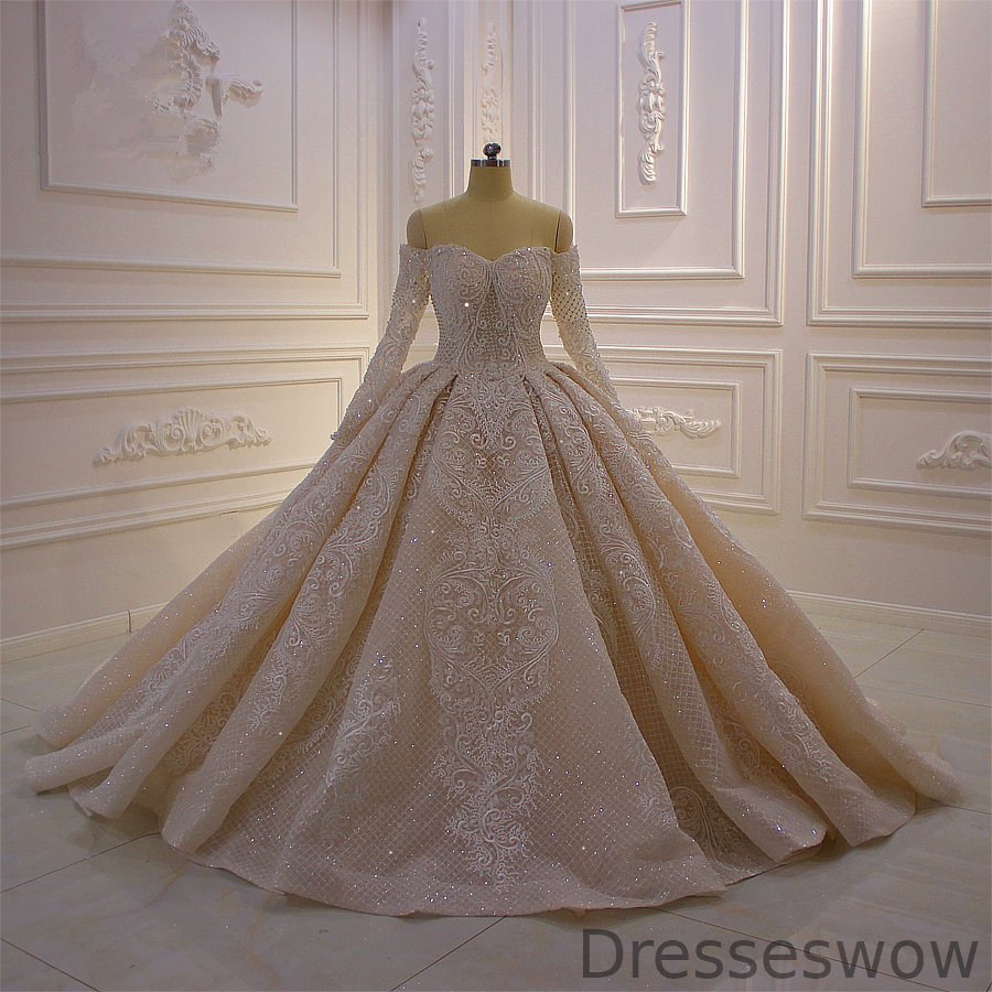 Dresseswow Off-the-Shoulder Long Sleeves Ball Gown Wedding Dresses With Lace Appliques