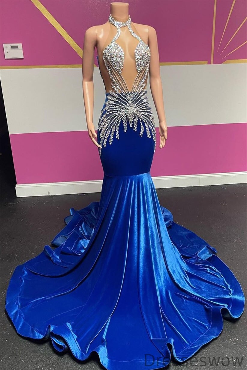 Dresseswow Royal Blue Halter Sleeveless Mermaid Evening Gowns With Beadings Velvet