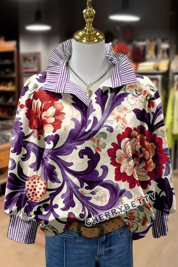 トップス cherryboy407 Vintage Floral Print Striped Collar Top