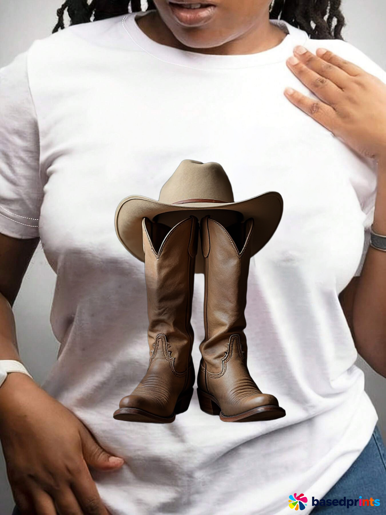 Cowboy Boots and Hat T-Shirt, White, Size M