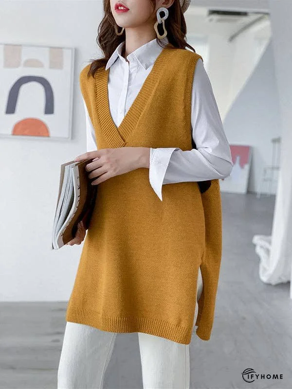 Trendy Sleeveless Split-Side Solid Color V-Neck Knitted Vest | IFYHOME