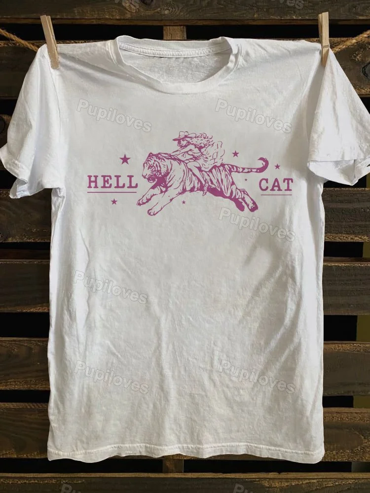 Pupiloves Pupiloves Hell Cat Cowgirl Riding Tiger Vintage T-shirt
