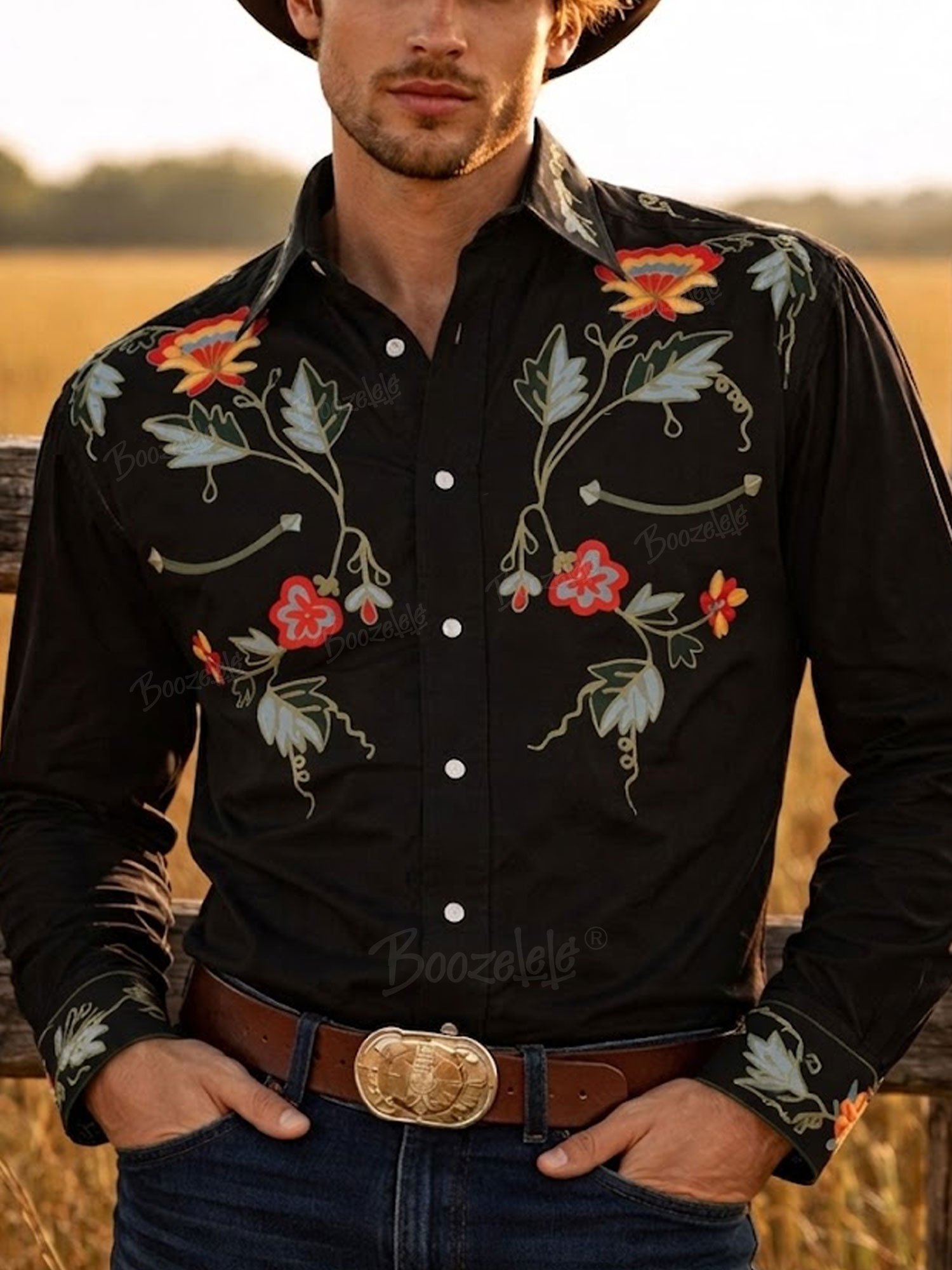Men'S Cowboy Retro Patterns Pattern - Denim Long Sleeves Shirt