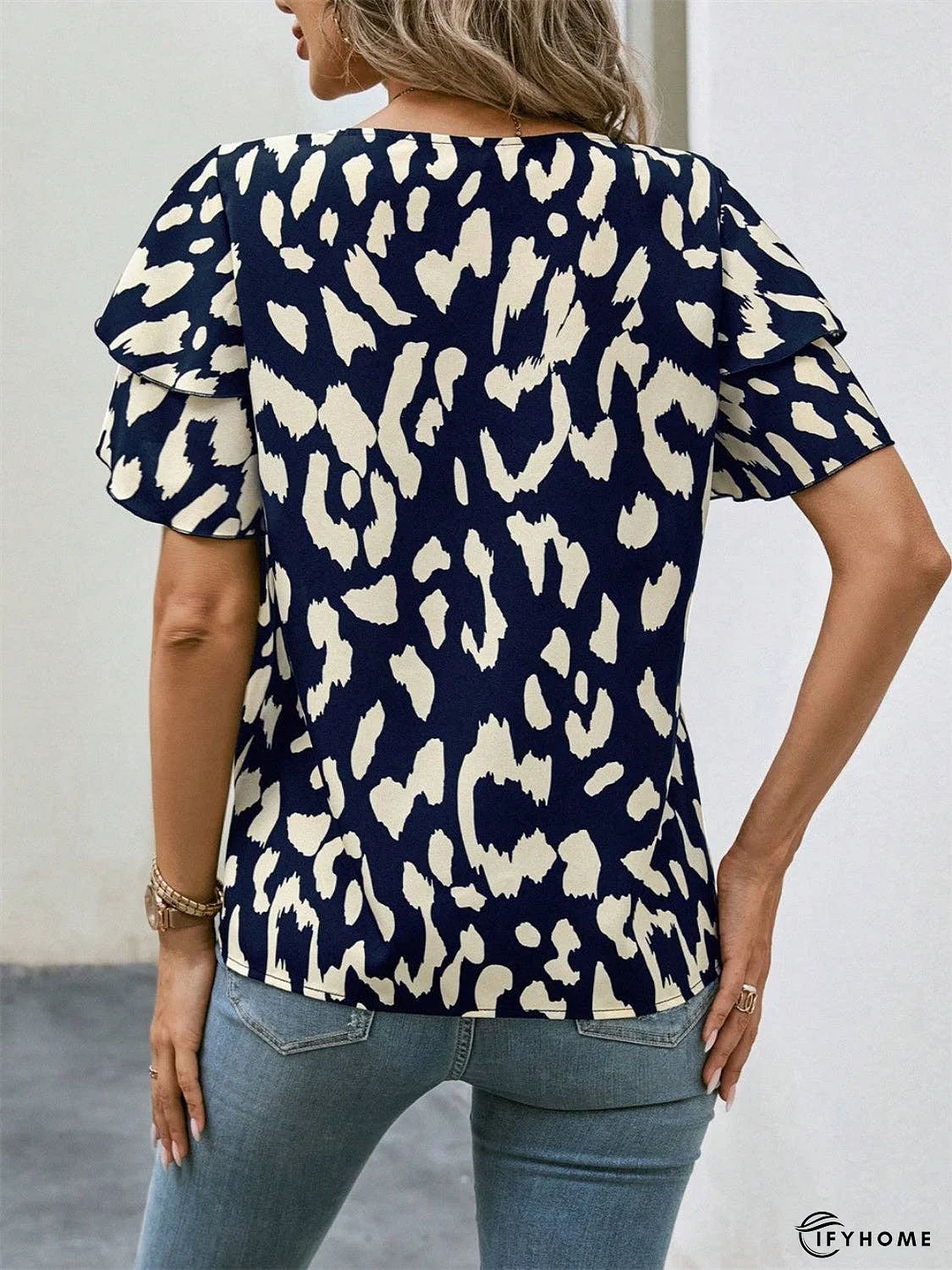 Ruffled Printed Round Neck Short Sleeve Blouse - 5% Spandex | IFYHOME