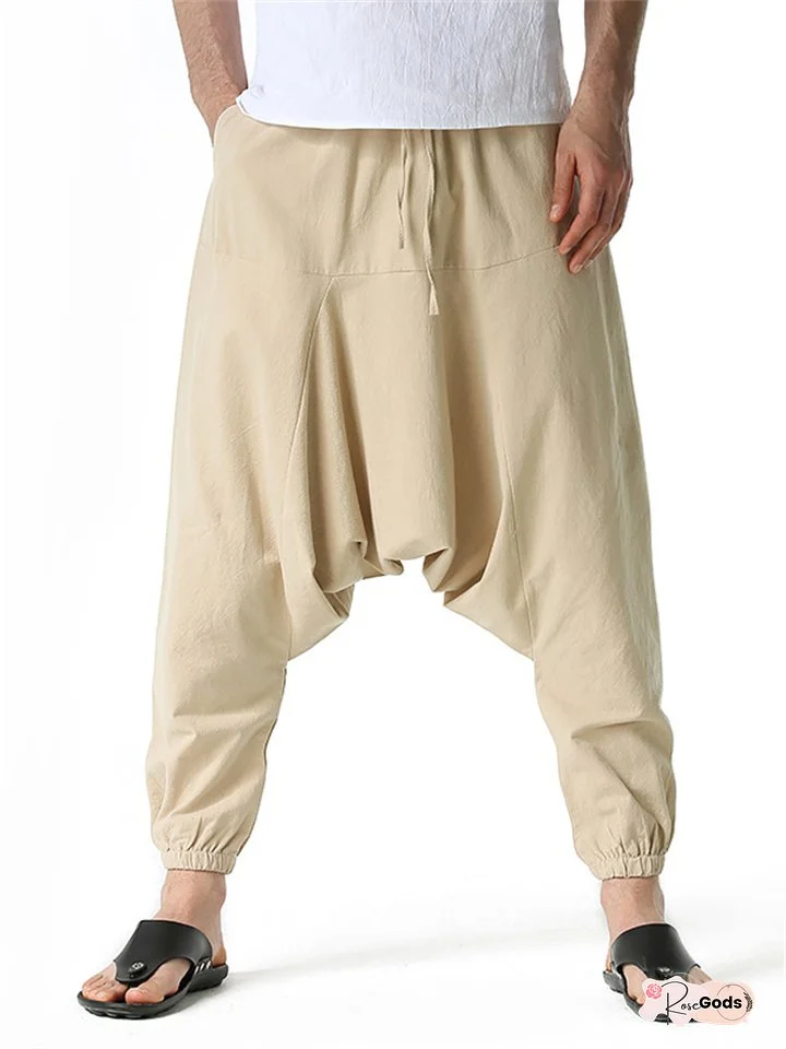 Men's Harem Linen Pants Trousers Summer Pants Baggy Drawstring Plain Full Length Casual Daily Linen / Cotton Blend Ethnic Style Boho Loose Fit Black Navy Blue