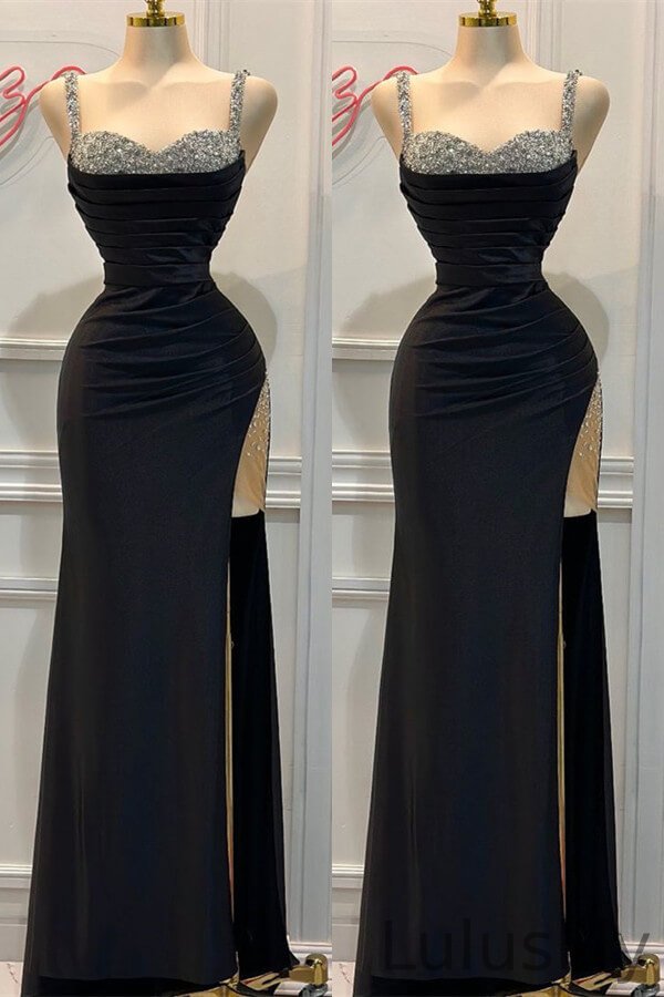 Classic Black Sweetheart Sleeveless Mermaid Evening Gowns With High Split Beadings - lulusllly