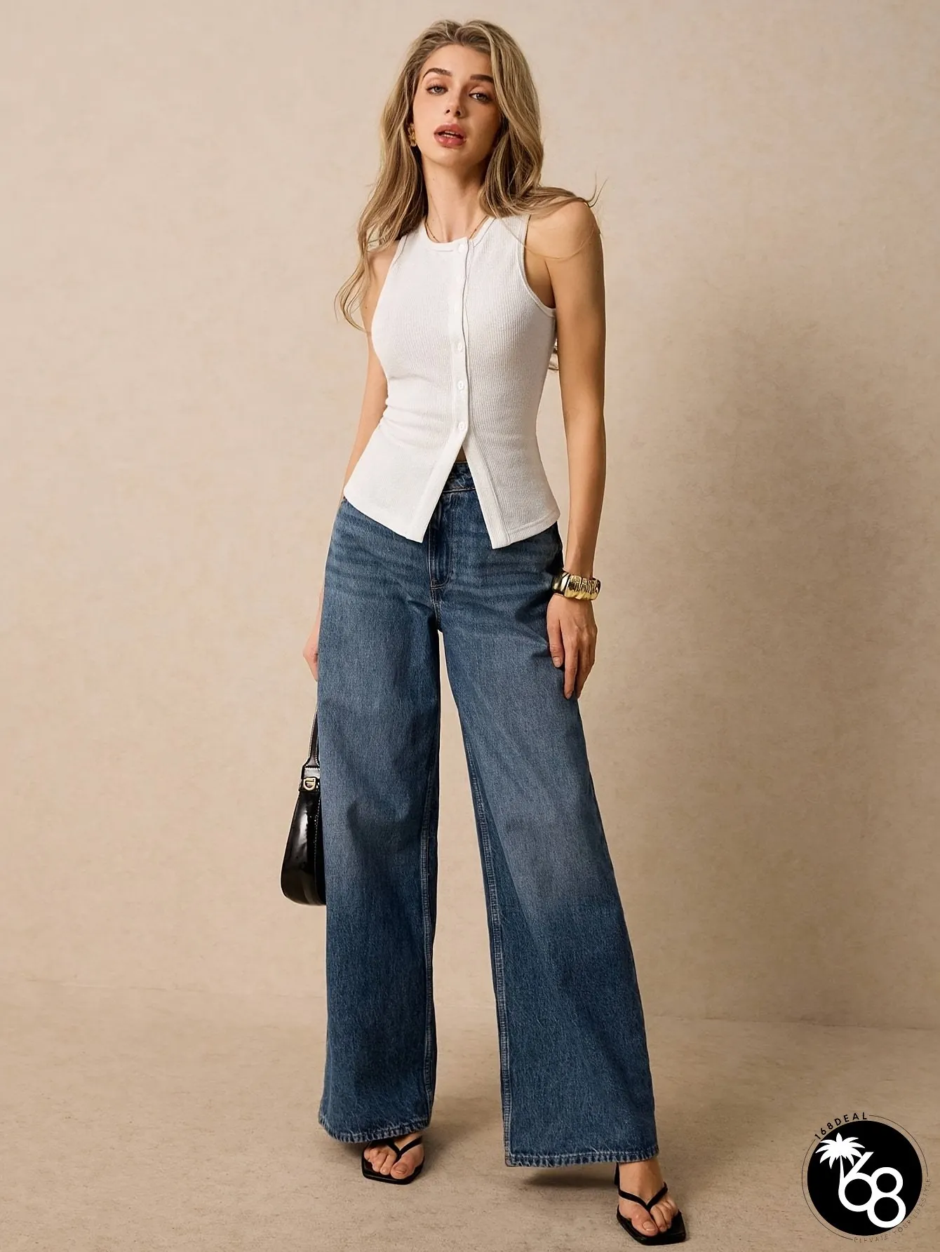 Womens Elegant Top Lightweight Stretchy Fabric Sleeveless Round-neck With Front Button | 168DEAL