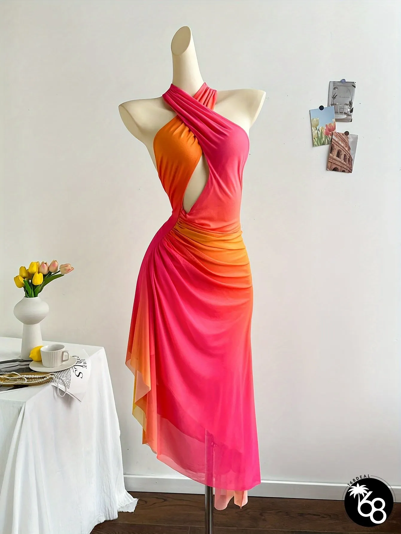 Womens Elegant Open Back One-Shoulder Gradient Color Dress Bohemian Ruched Waist | 168DEAL