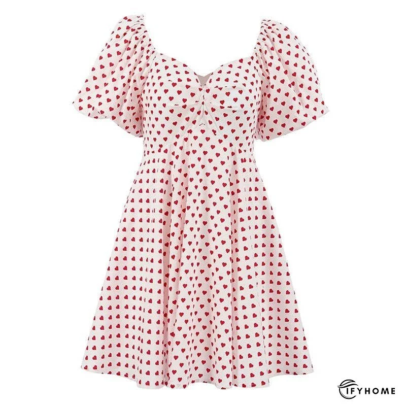 Boat Neck Puff Sleeve High Waisted A-Line Printing Mini Dress | IFYHOME