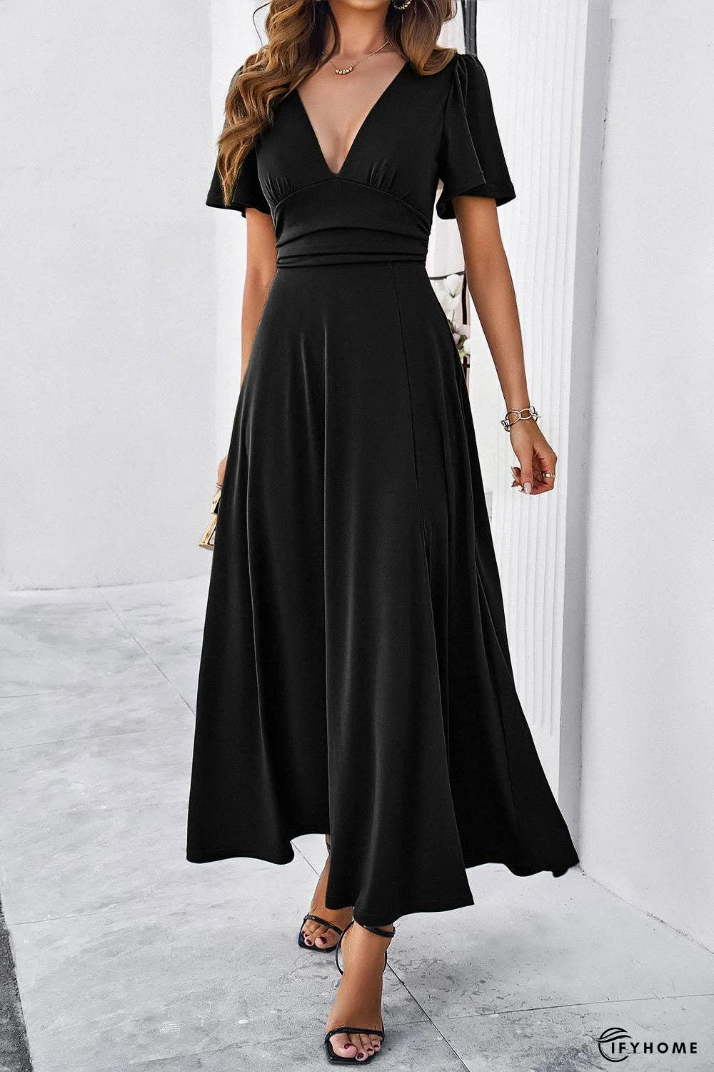 Slit V-Neck Short Sleeve Dress | IFYHOME