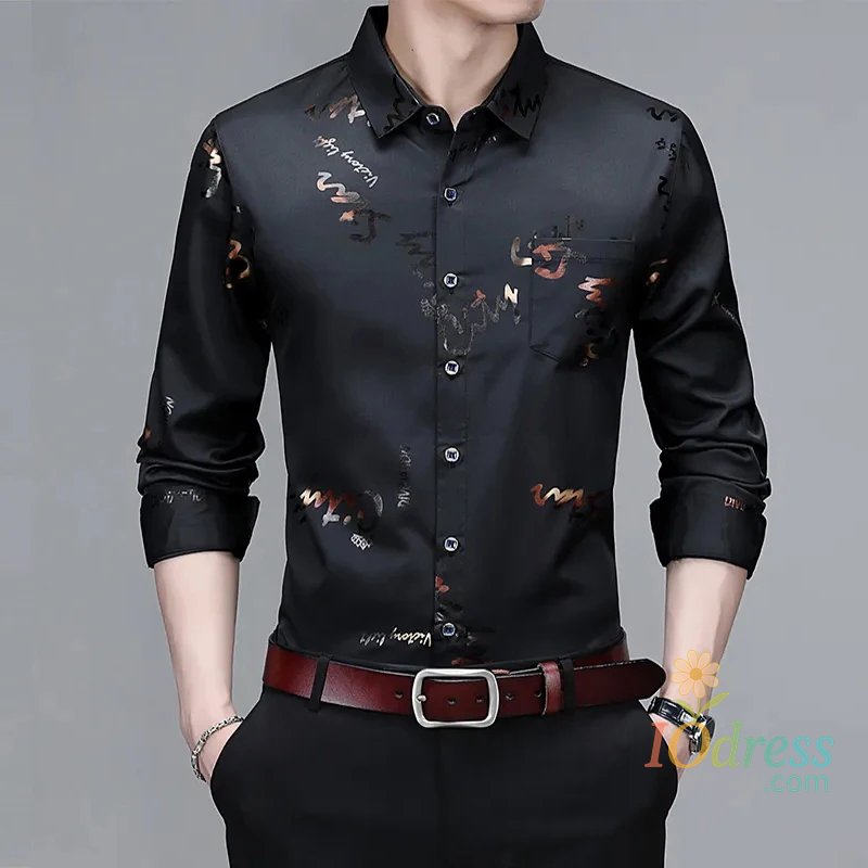 IO Menswear Men's Casual and Fashionable Long Sleeved Printed Shirt, Non Ironing and Wrinkle Resistant Business Top