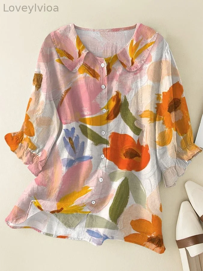 Women's Vintage Floral Design Doll Collar Casual Shirt