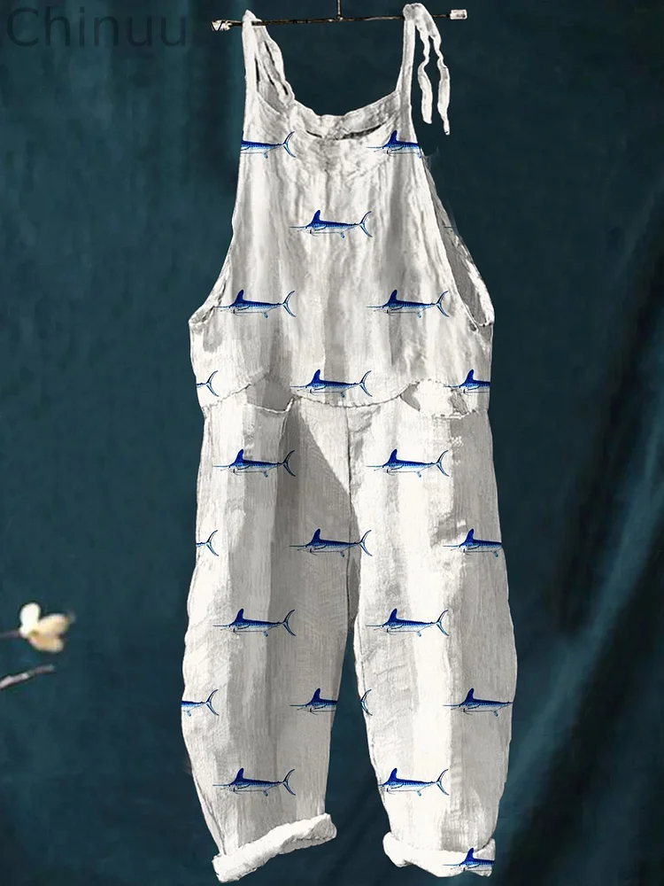 Women's Fresh Blue Little Fish Print Casual 100% Cotton Wide Leg Jumpsuit