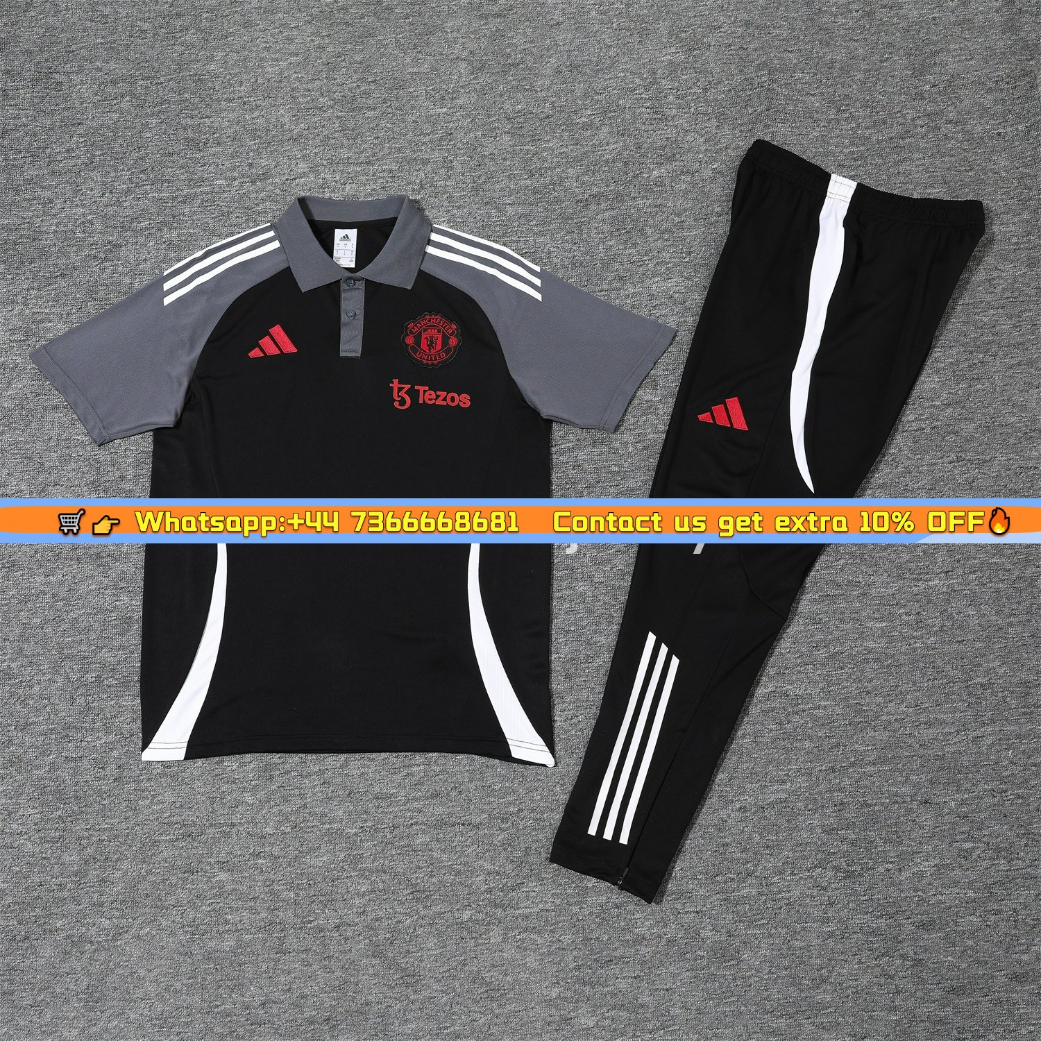 Manchester United 25-26 POLO Short-Sleeve Training Set - Black Top and Pants with White Stripes