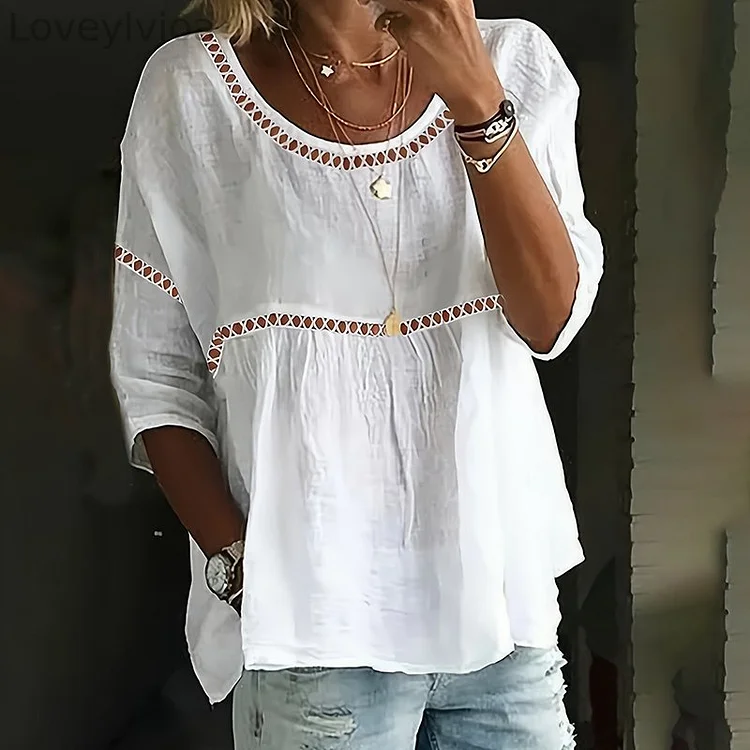 Casual  Contrast Crochet Panel Three Quarter Sleeve Round Neck Print T-Shirt