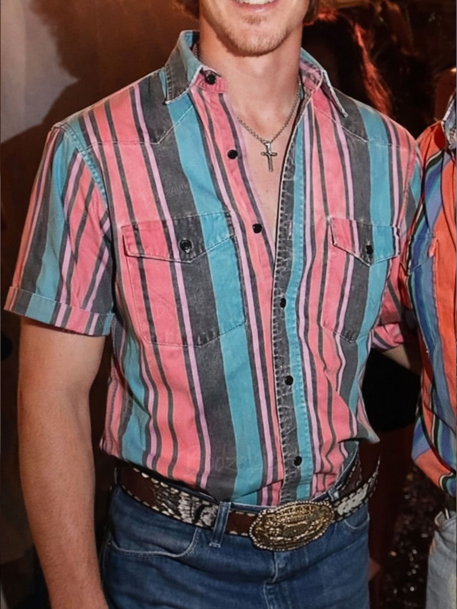 Men'S Western-Style Casual Pink And Blue Striped Shirt&ndash; 100% Cotton Shirt