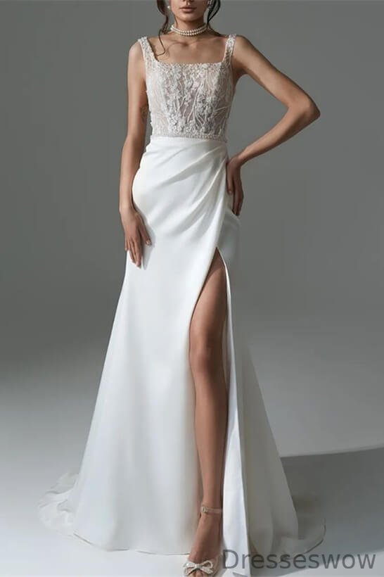 Dresseswow Square Sleeveless Satin Wedding Dress Slit Long With Beadings Online