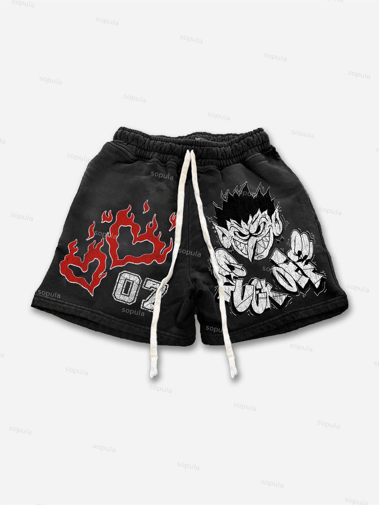 Funny Big Face Graphic No.07 Print Drawstring Shorts