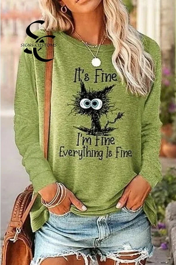 Cat Letter Print Crew Neck Long-Sleeve Sweatshirt