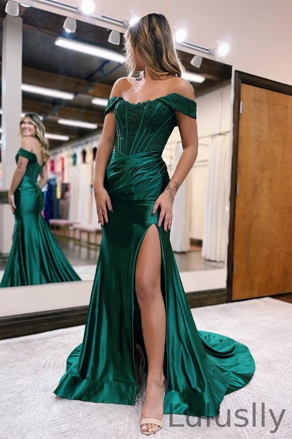 Luluslly Off-the-Shoulder Mermaid Prom Dresses Appliques With Slit